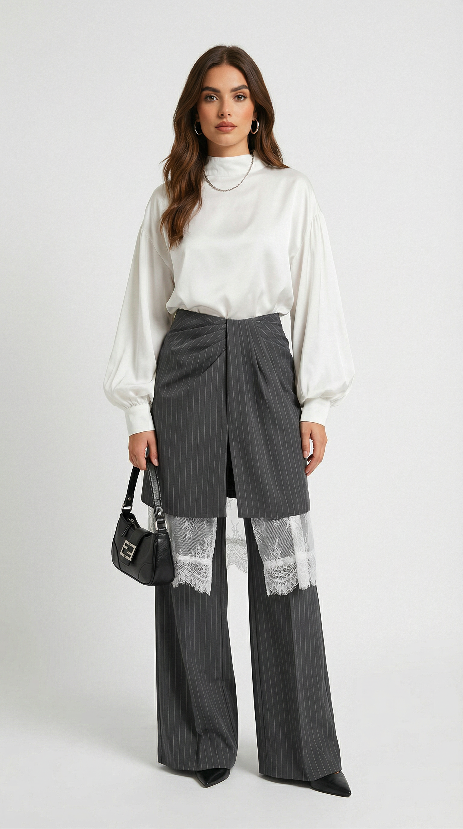 Solenne - Wide-Leg Striped Trousers with an Architectural Overlay Skirt