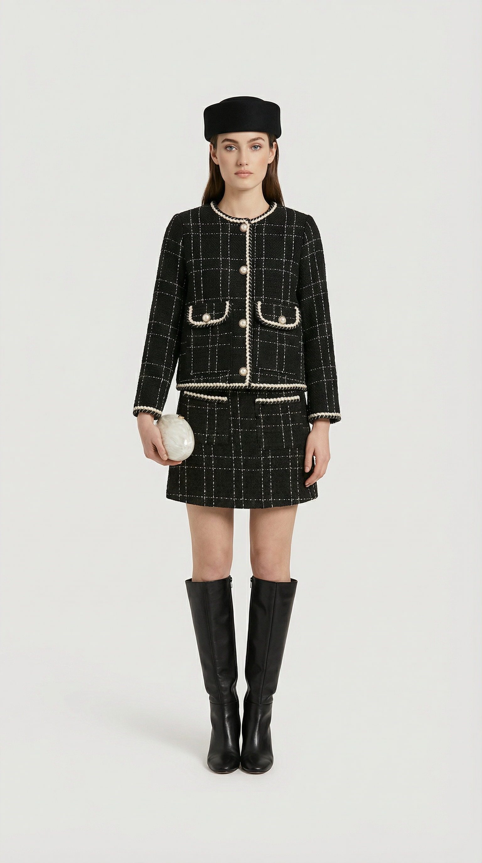 Skara - Woolen Tweed Suit Set with Jacket and Skirt