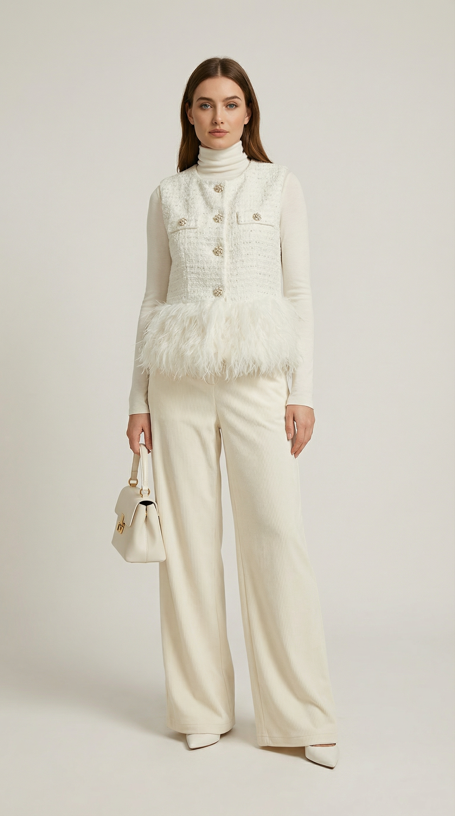 Eliora - Style White Warm Round Neck Vest Coat