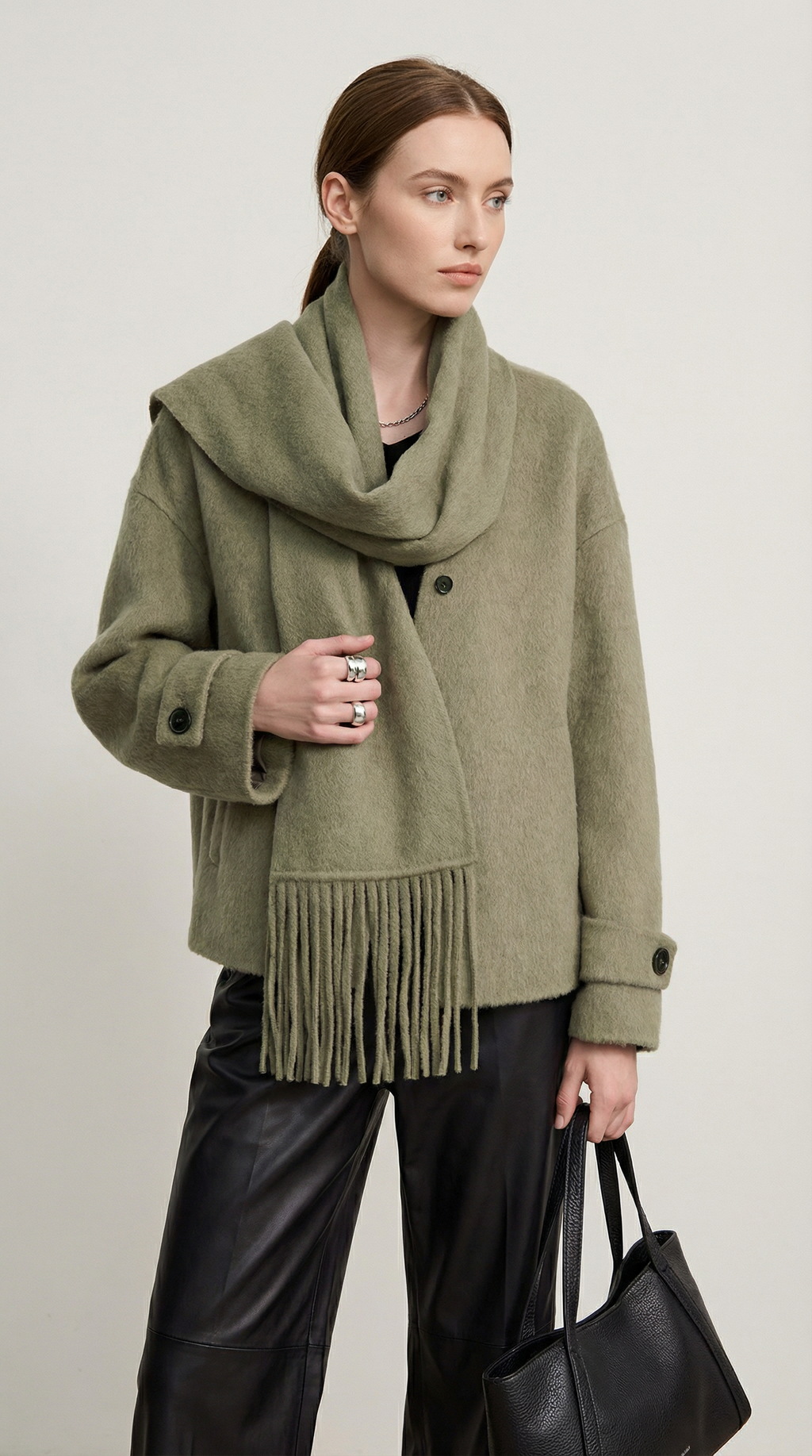 Chantrel - Natural Wool Jacket with Scarf Collar and Sculpted V-Neck