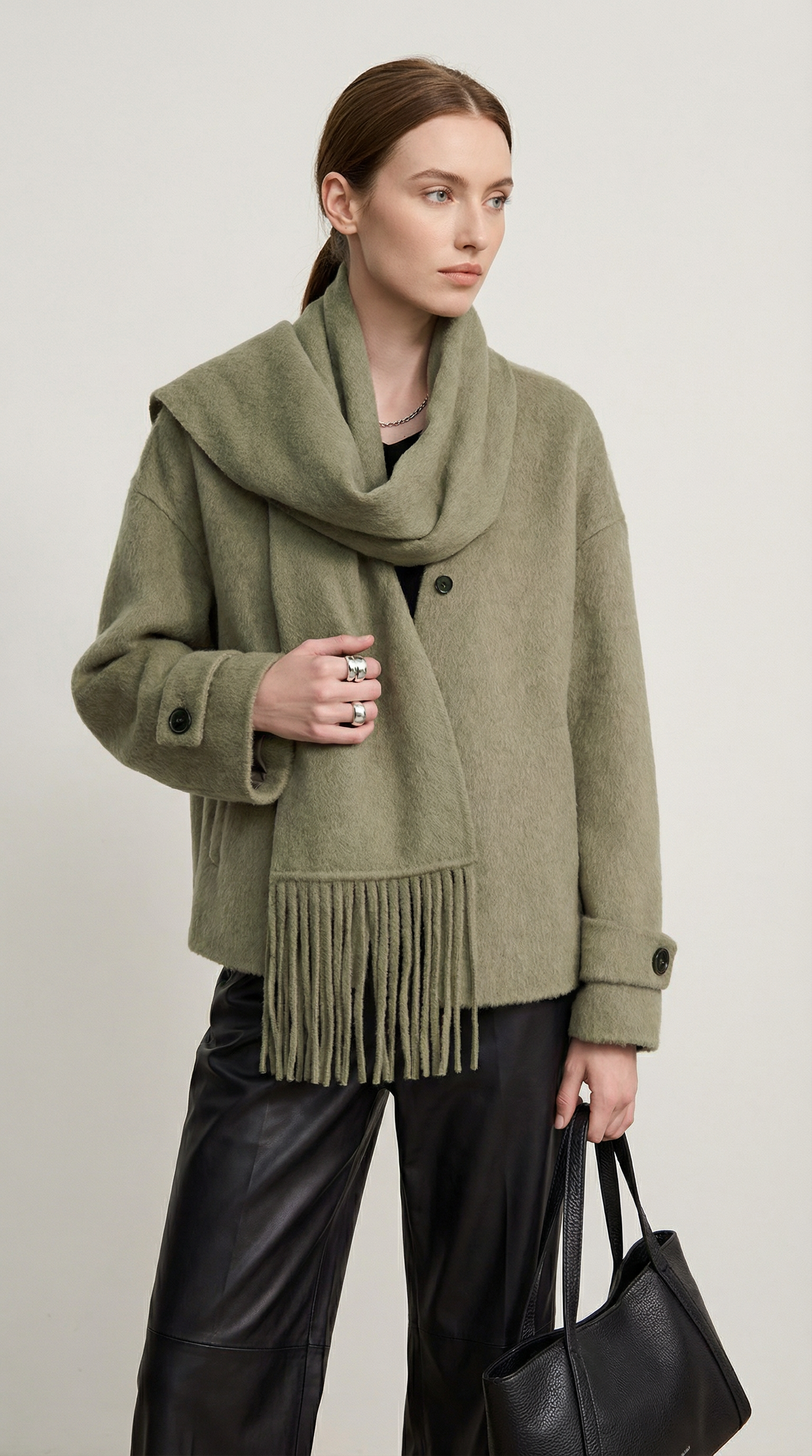 Chantrel - Natural Wool Jacket with Scarf Collar and Sculpted V-Neck