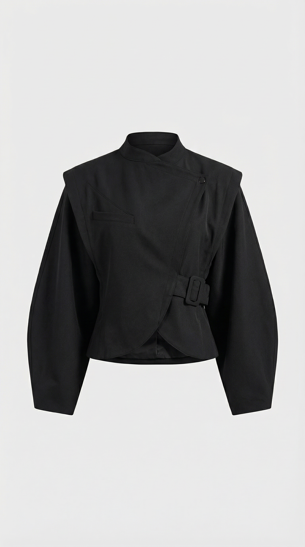 Maravel - Sculpted Wrap Jacket with Stand Collar and Asymmetric Wrap Black
