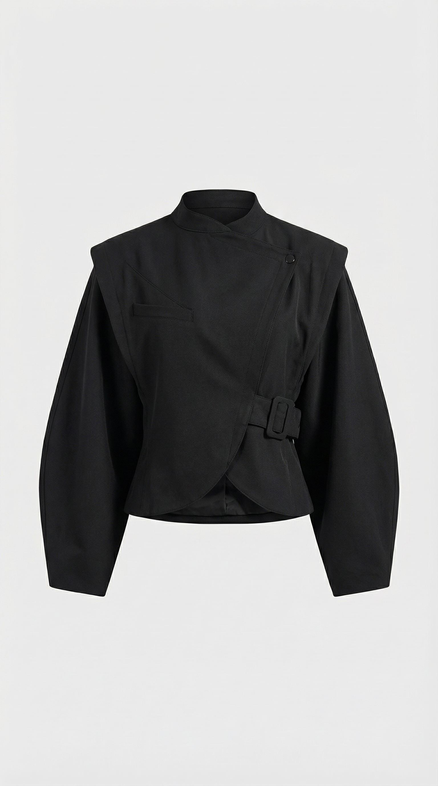 Maravel - Sculpted Wrap Jacket with Stand Collar and Asymmetric Wrap Black