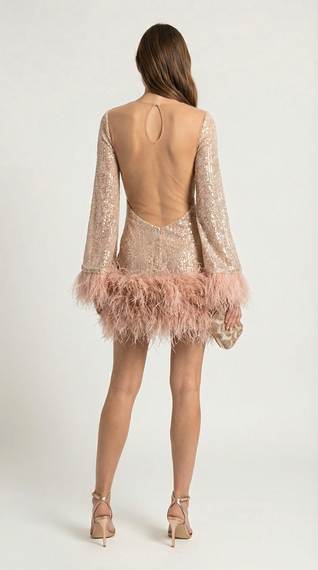 Caspyano - Short Skirt Dress with Large Open Back and Feather Accents