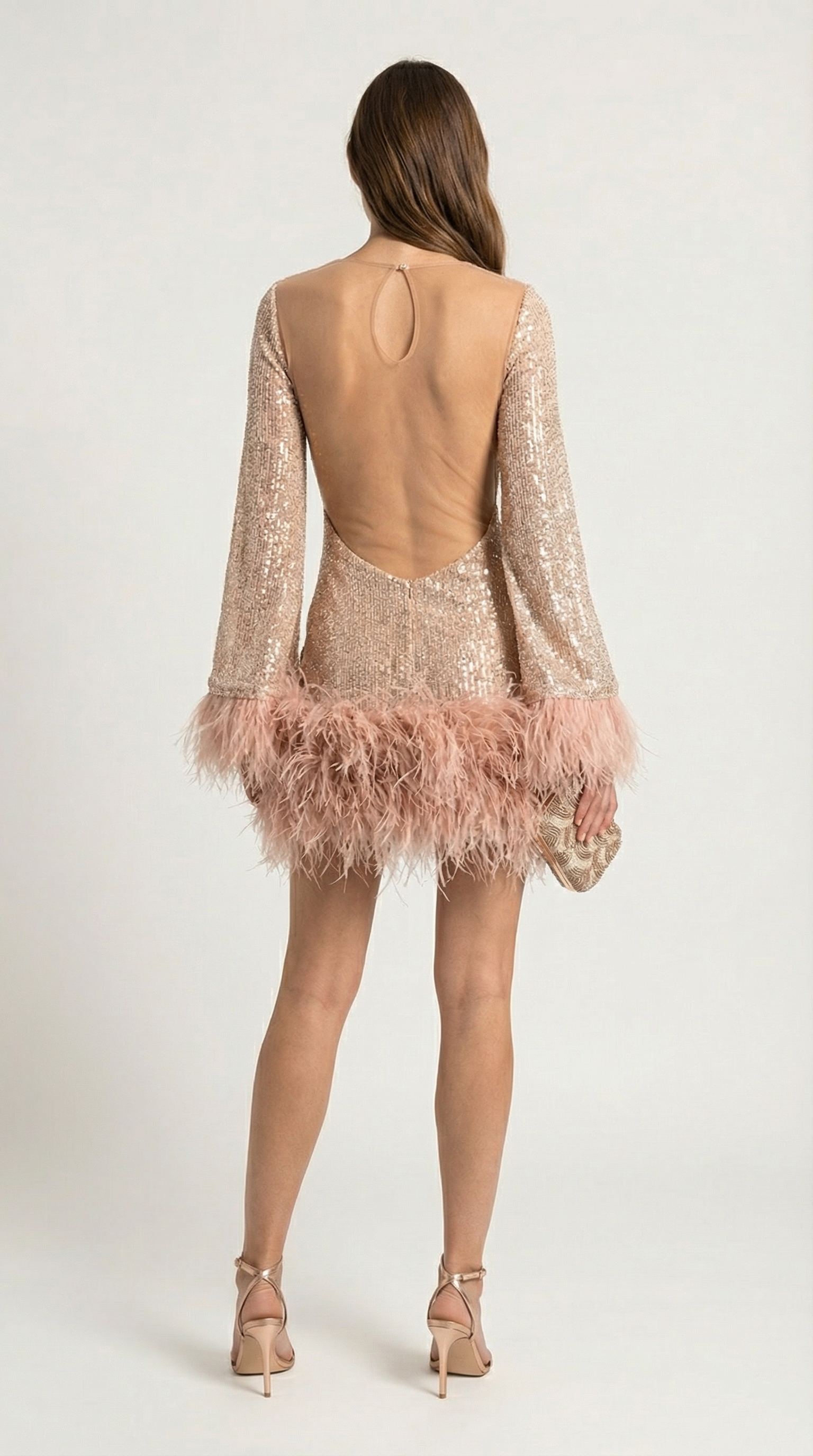 Caspyano - Short Skirt Dress with Large Open Back and Feather Accents