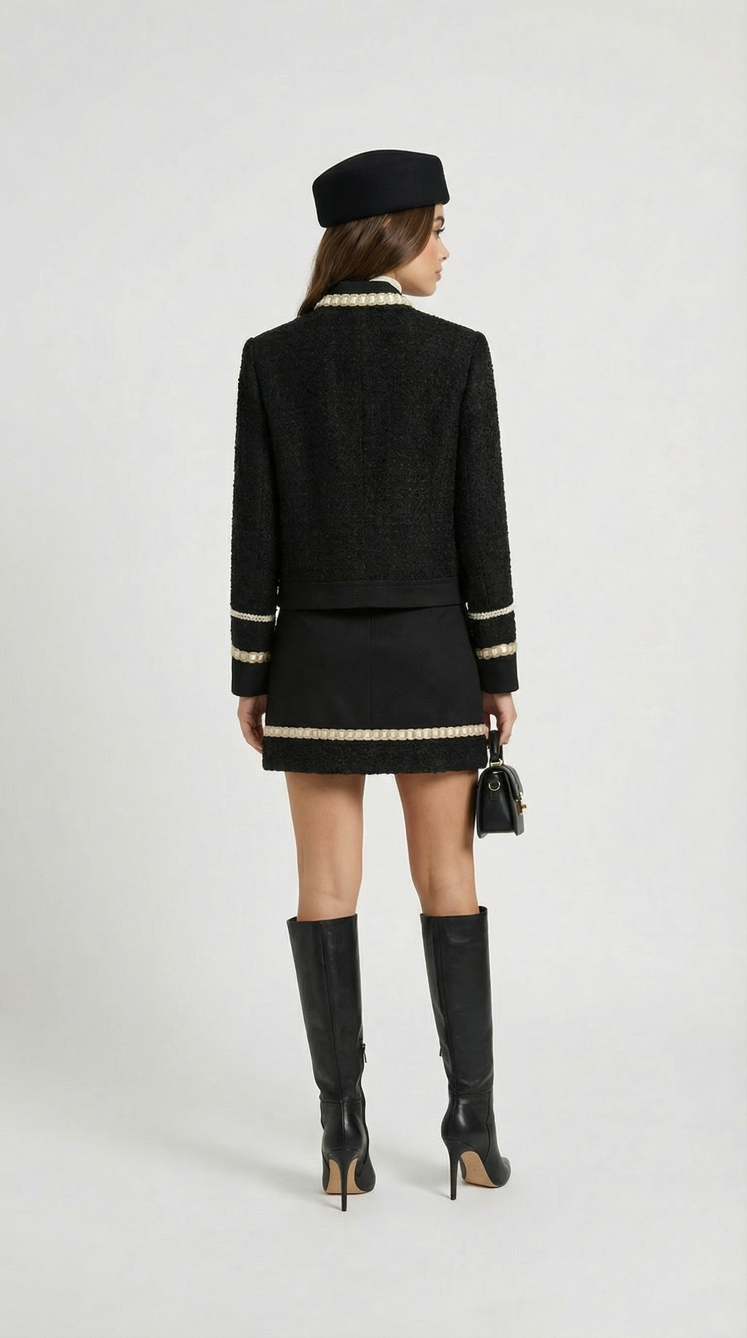 Avelin - Tweed Black Suit Set with Top and Mini A-Line Skirt