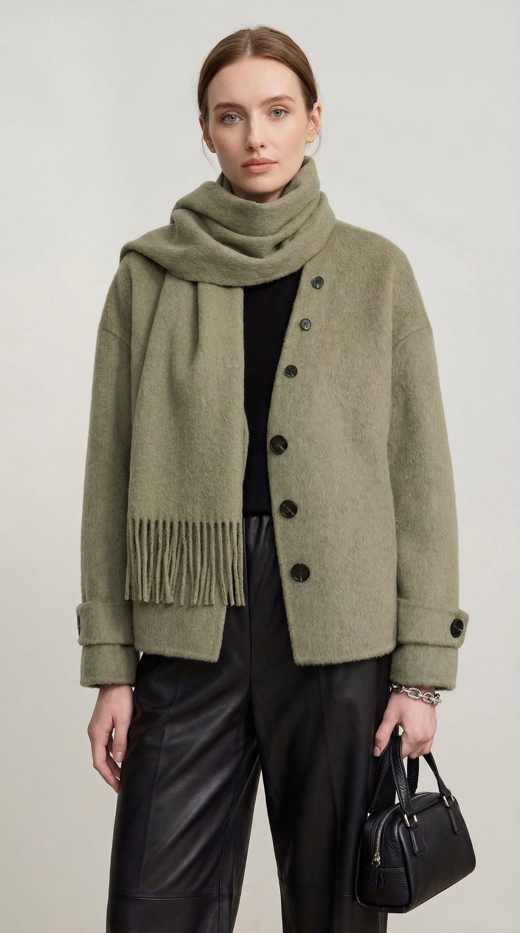 Chantrel - Natural Wool Jacket with Scarf Collar and Sculpted V-Neck