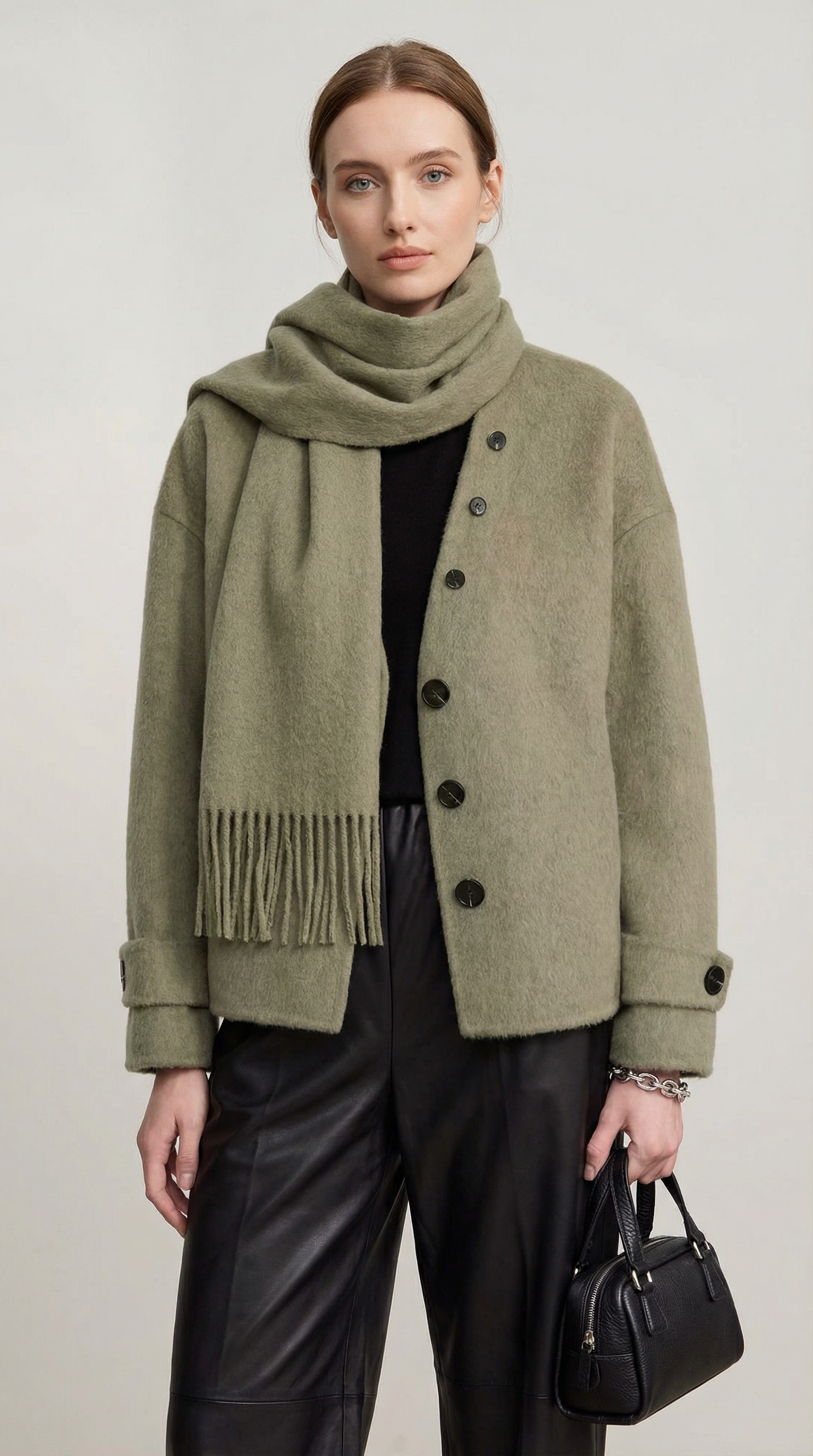 Chantrel - Natural Wool Jacket with Scarf Collar and Sculpted V-Neck