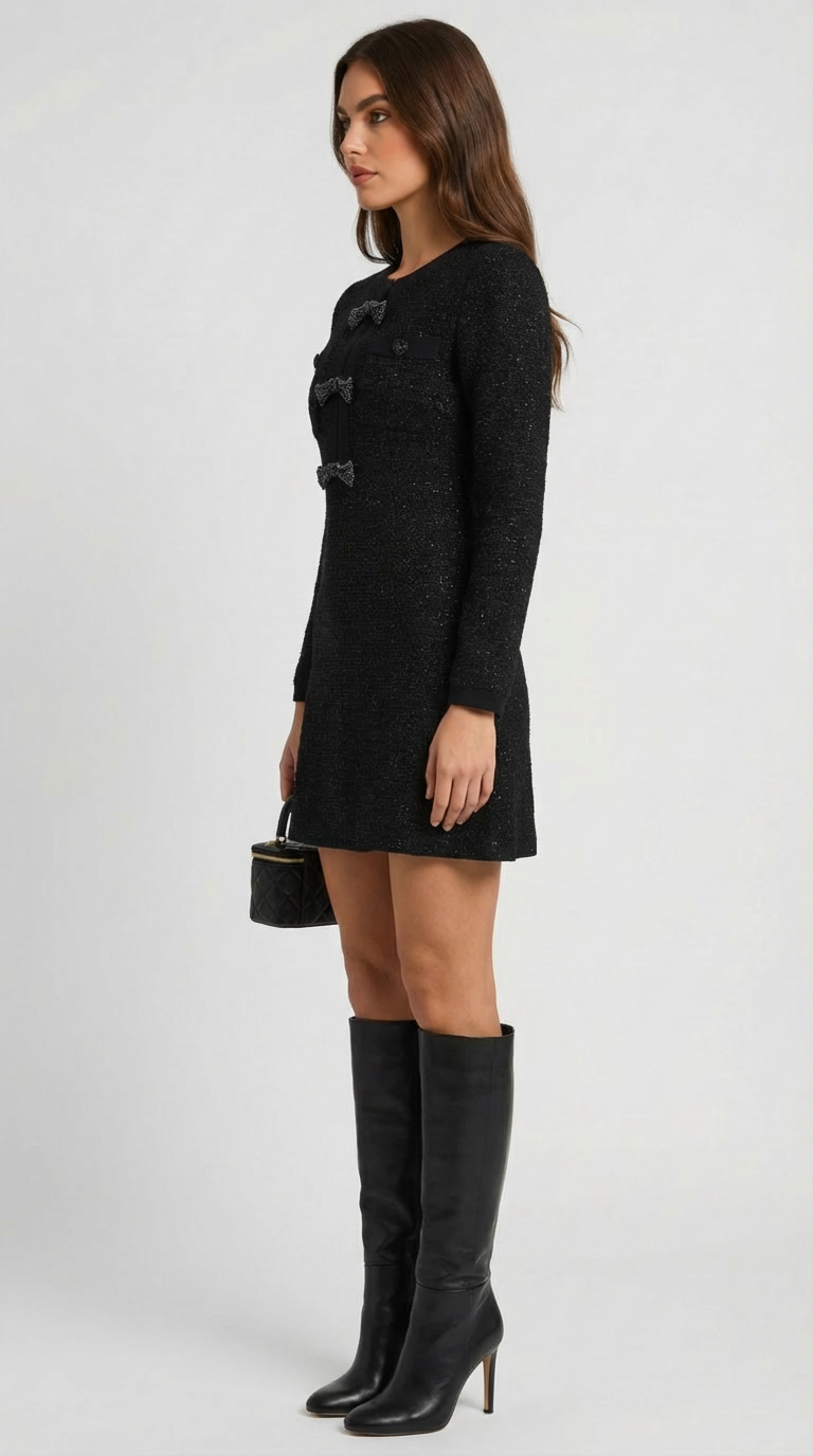 Glaven - Long Sleeve Slim Short Dress with Stylish Bow Accents