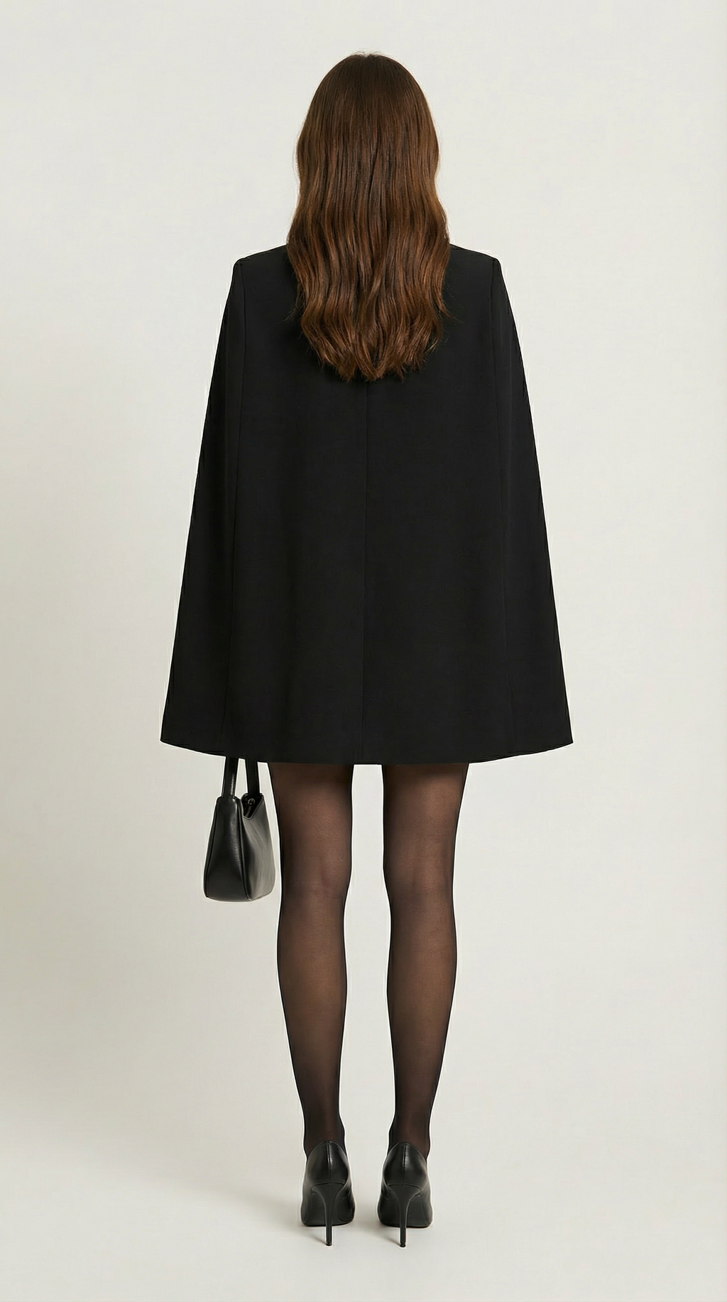Larienne - Cape Dress with Deep V-Neckline and Statement Button Black