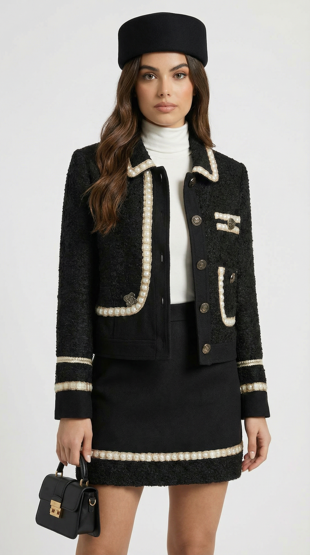 Avelin - Tweed Black Suit Set with Top and Mini A-Line Skirt