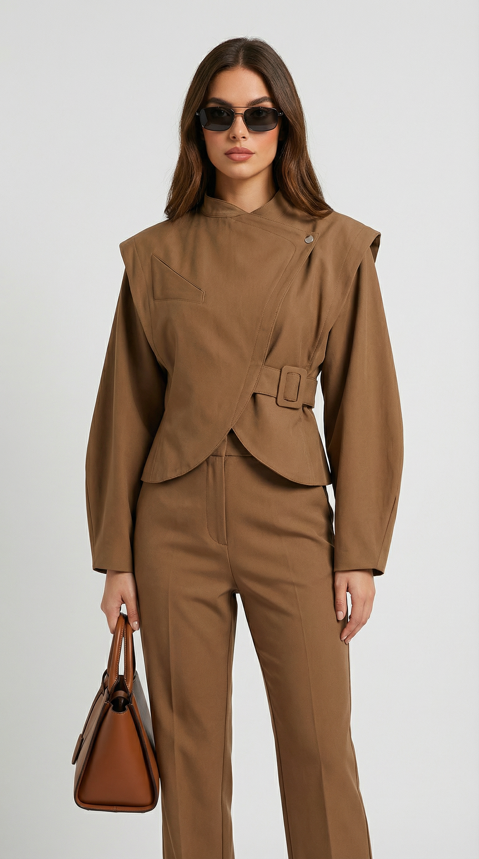 Maravel - Sculpted Wrap Jacket with Stand Collar and Asymmetric Wrap Brown
