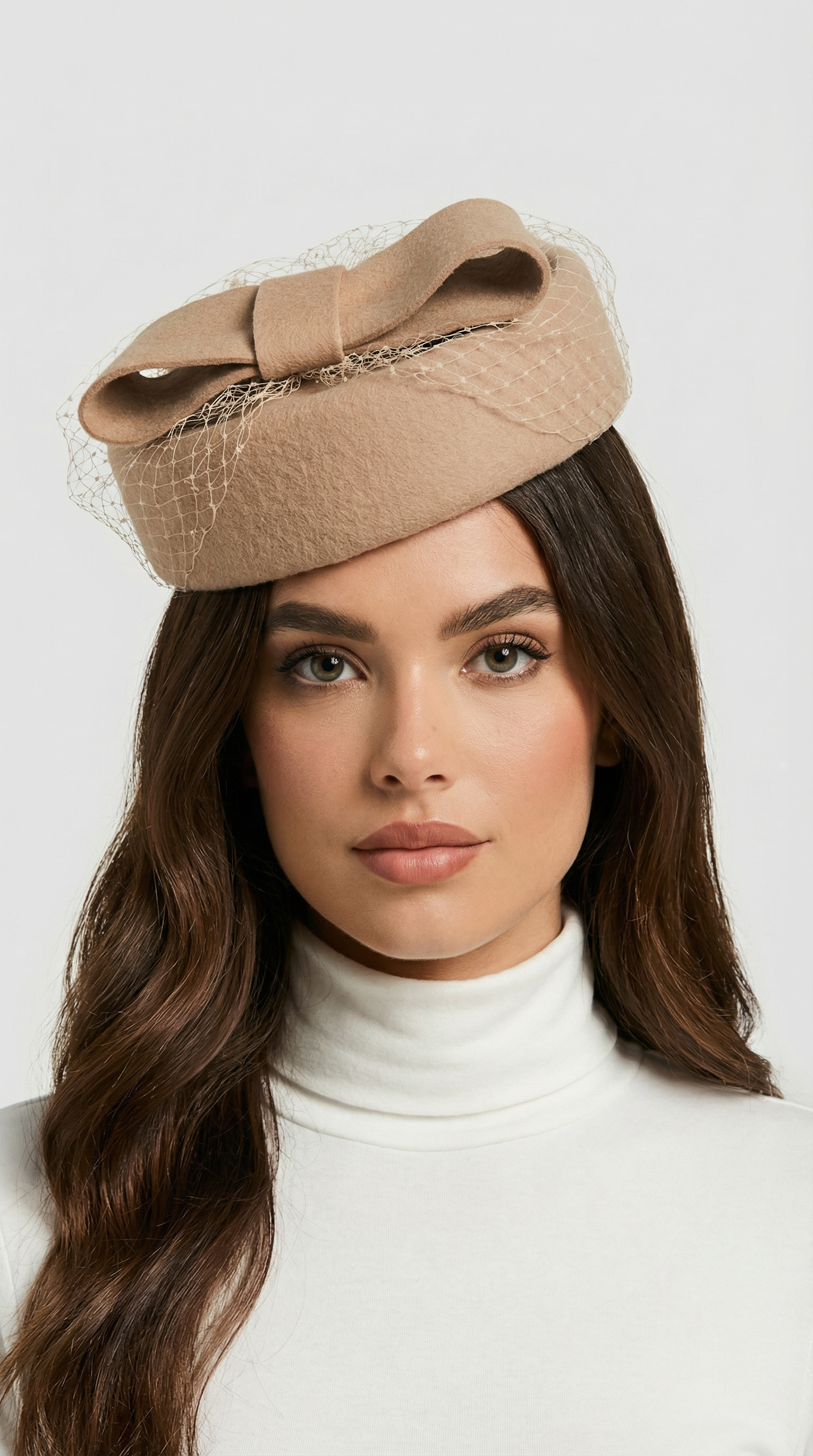 Cite - Wool Beret with Large Bow and Veil Accent Khaki