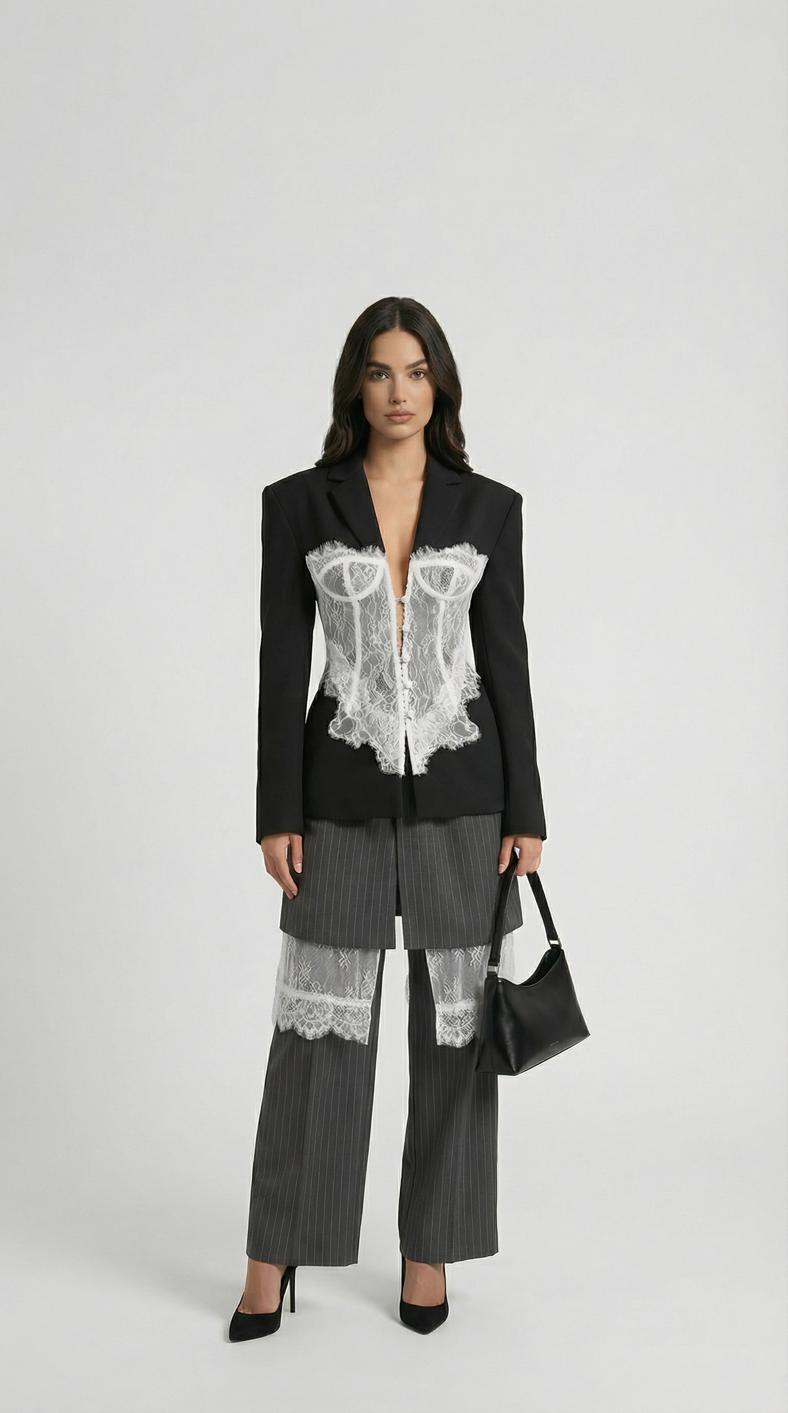 Boreal - Spliced Lace Slimming Blazer for with V Collar and Long Sleeves