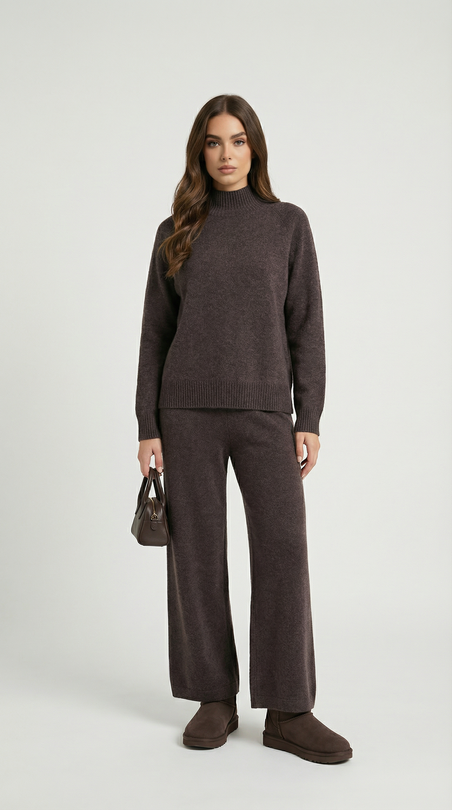 Vilo - 100% Wool Set with Thick Sweater and Wide Pants Brown