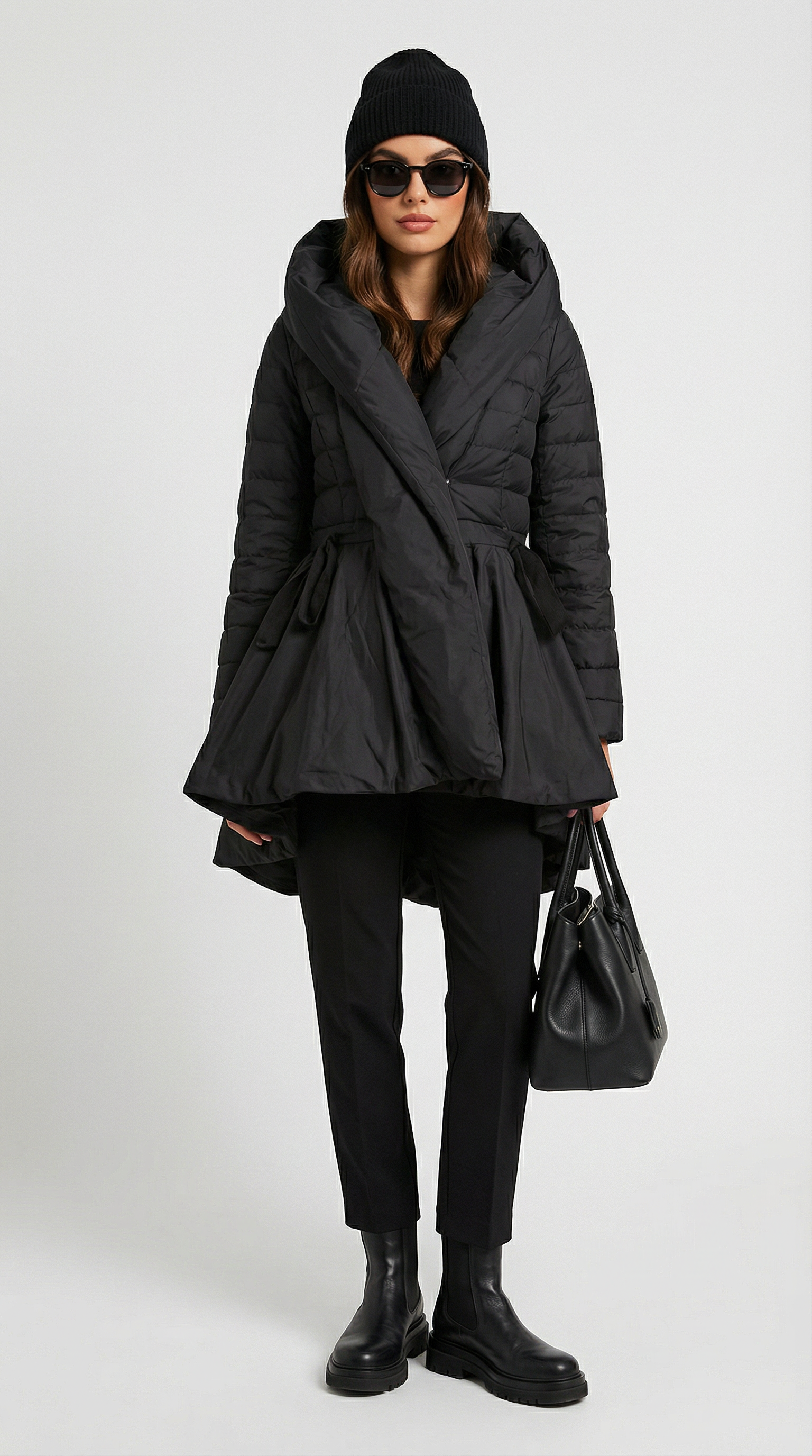 Oryss -  Flare Down Coat with Cinched Waist and Sweeping Flared Hem