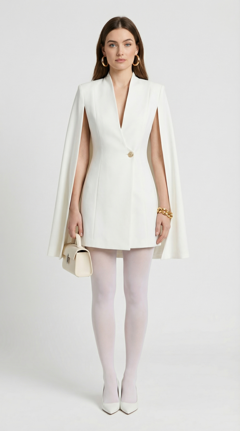 Larienne - Cape Dress with Deep V-Neckline and Statement Button White