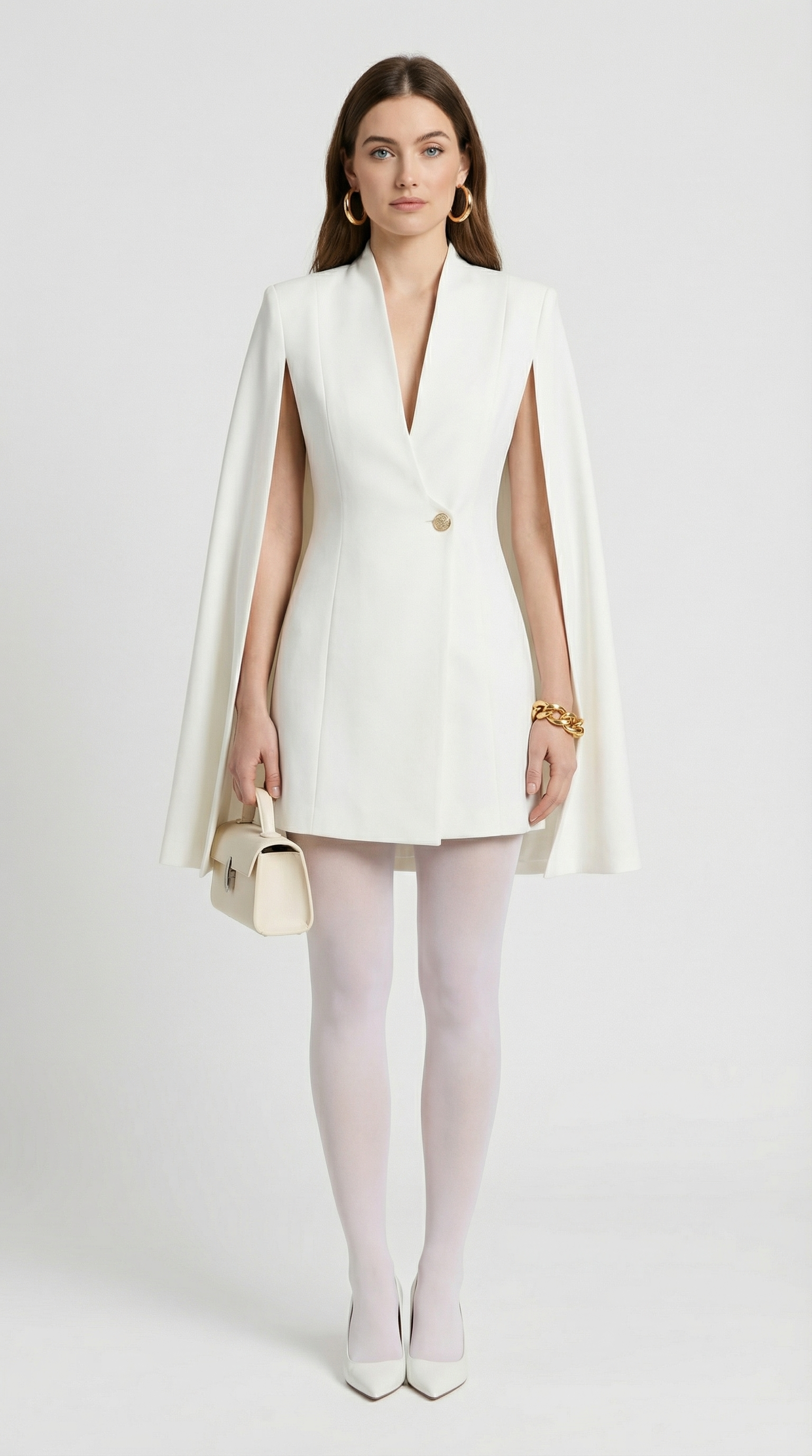 Larienne - Cape Dress with Deep V-Neckline and Statement Button White