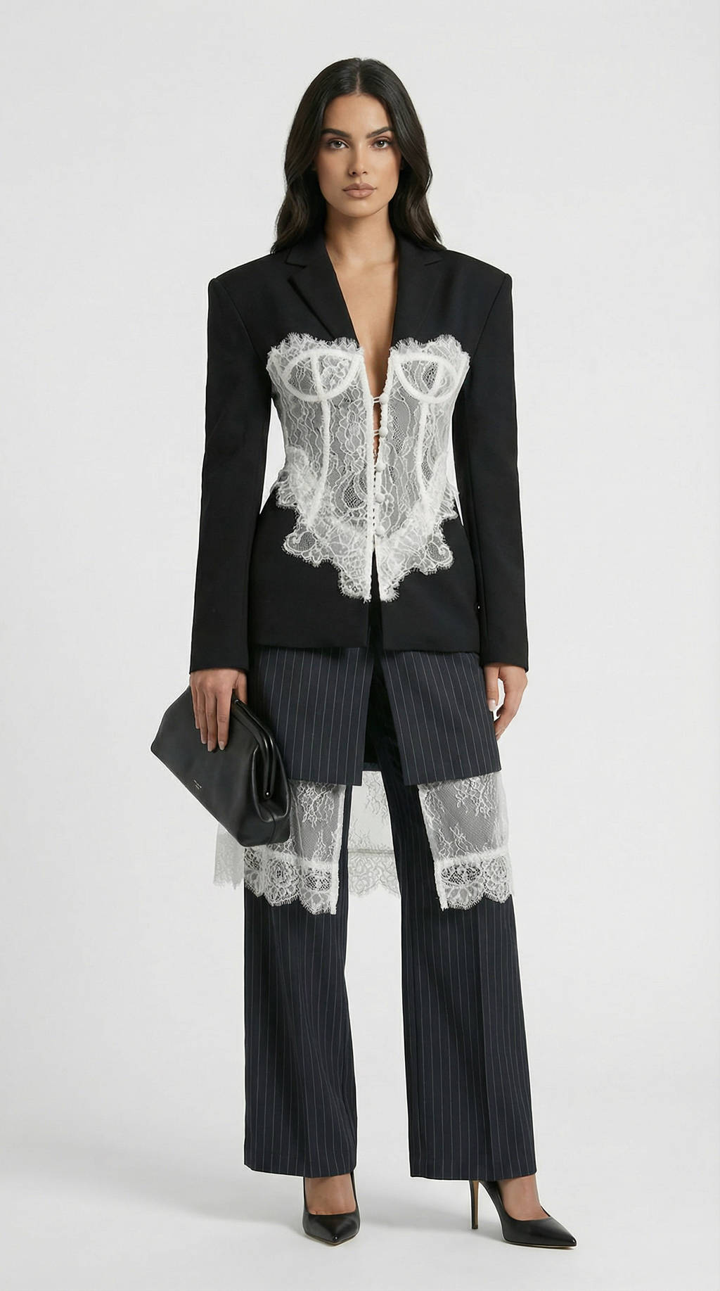 Boreal - Spliced Lace Slimming Blazer for with V Collar and Long Sleeves
