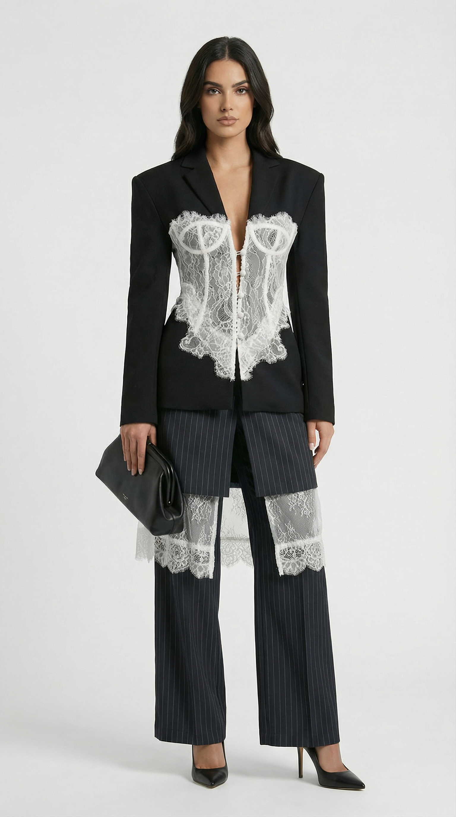 Boreal - Spliced Lace Slimming Blazer for with V Collar and Long Sleeves