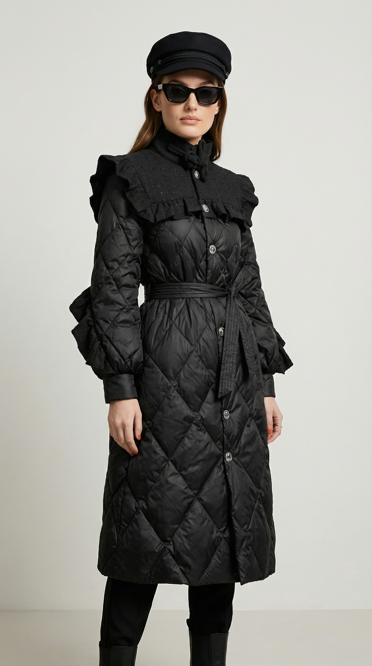 Ophira - Diamond-Quilted Down Coat with Tweed-Textured Upper Yoke
