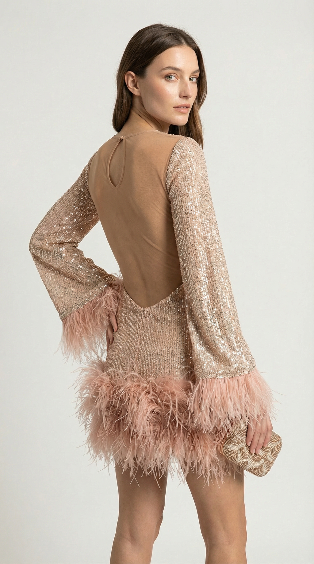 Caspyano - Short Skirt Dress with Large Open Back and Feather Accents