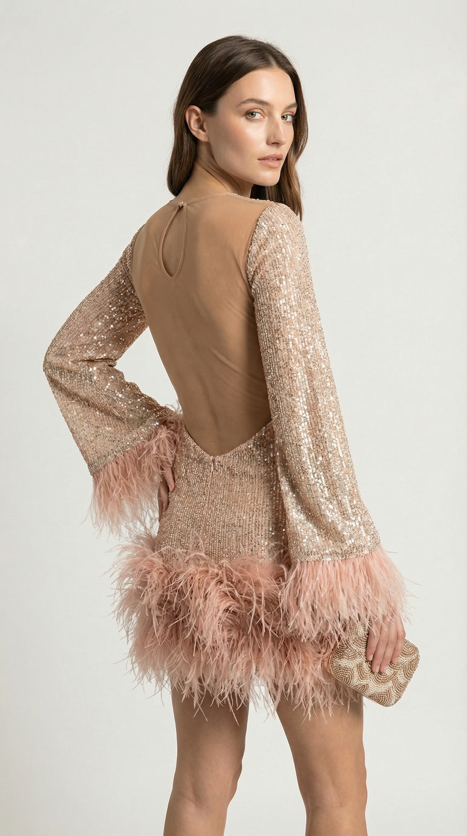 Caspyano - Short Skirt Dress with Large Open Back and Feather Accents