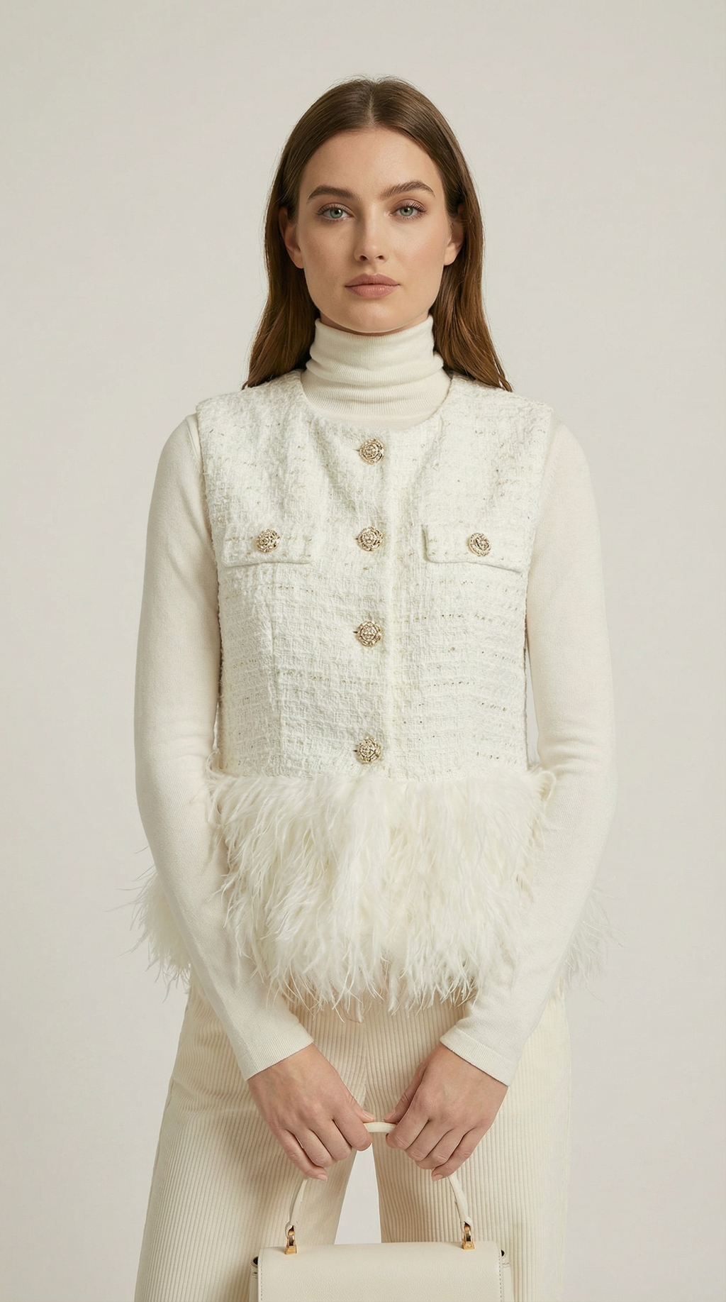 Eliora - Style White Warm Round Neck Vest Coat