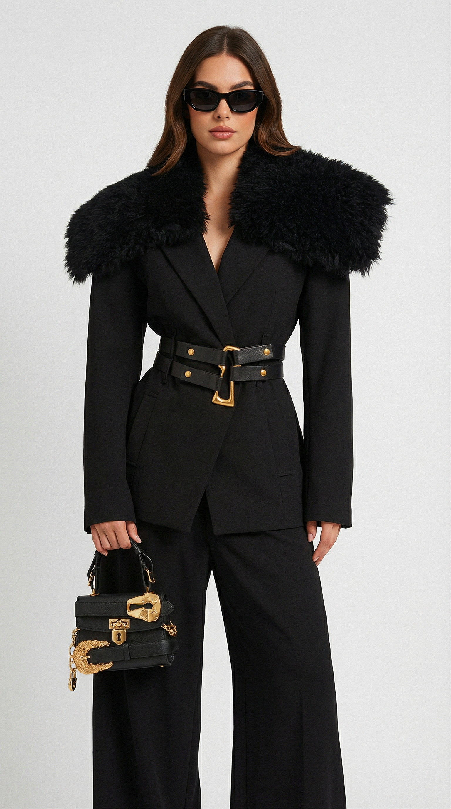 Eldorin - Fur-Collar Tailored Coat with Double-Strap Belt with Gold Hardware