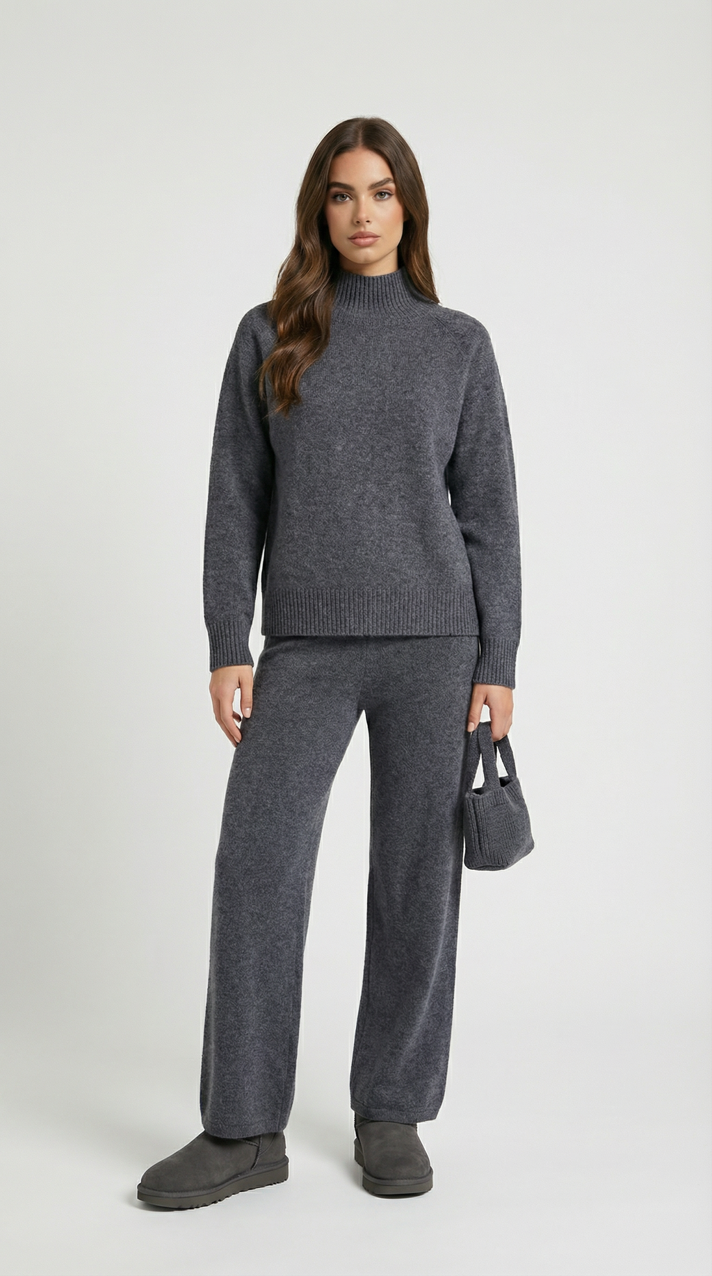 Vilo - 100% Wool Set with Thick Sweater and Wide Pants Grey