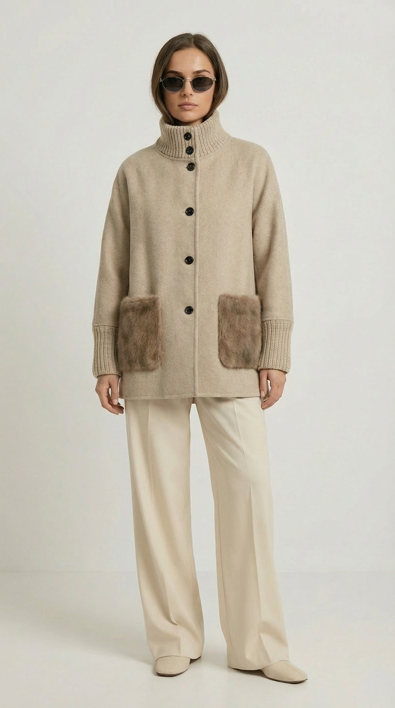 Seriss - Loose Knit Fur Sweater with Standup Collar