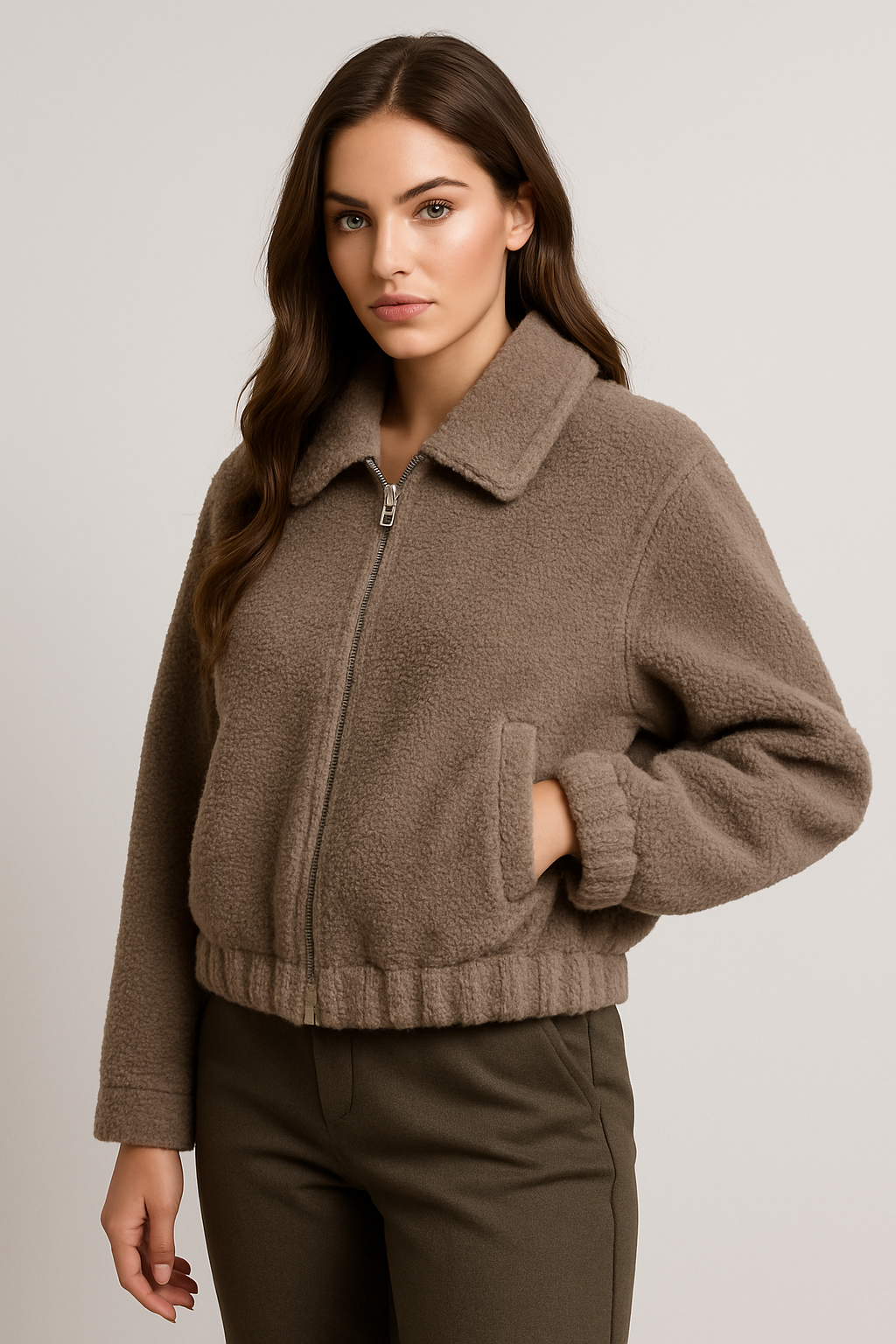 Frostelle - Loose Fit Natural Wool Zipper Jacket