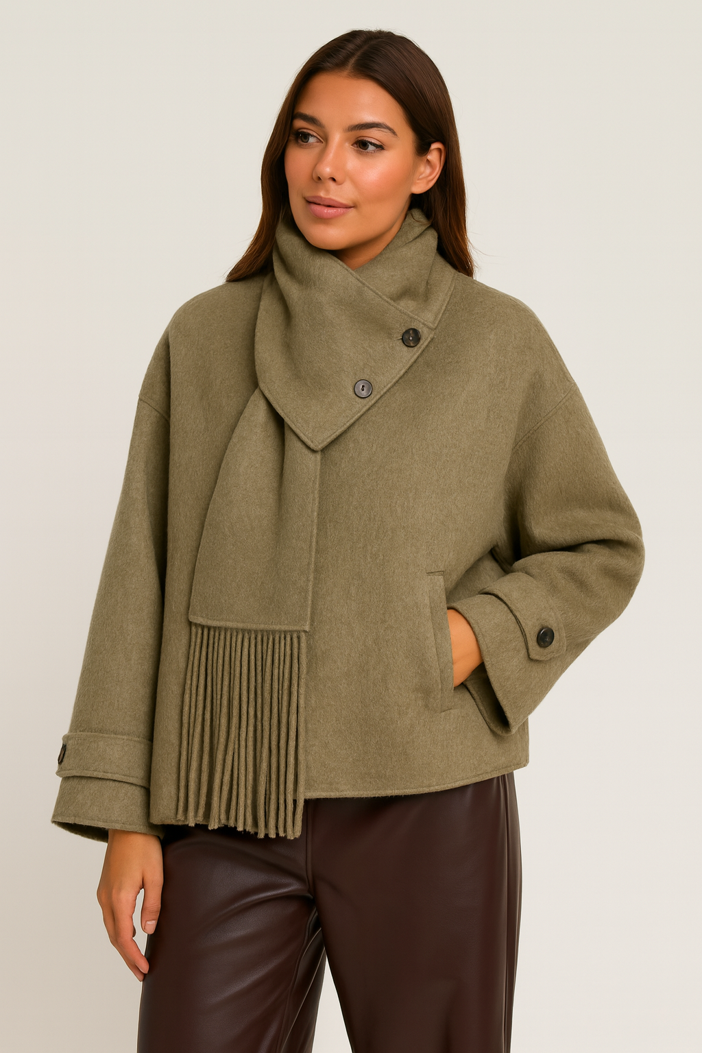 Chantrel - Natural Wool Jacket with Scarf Collar and Sculpted V-Neck