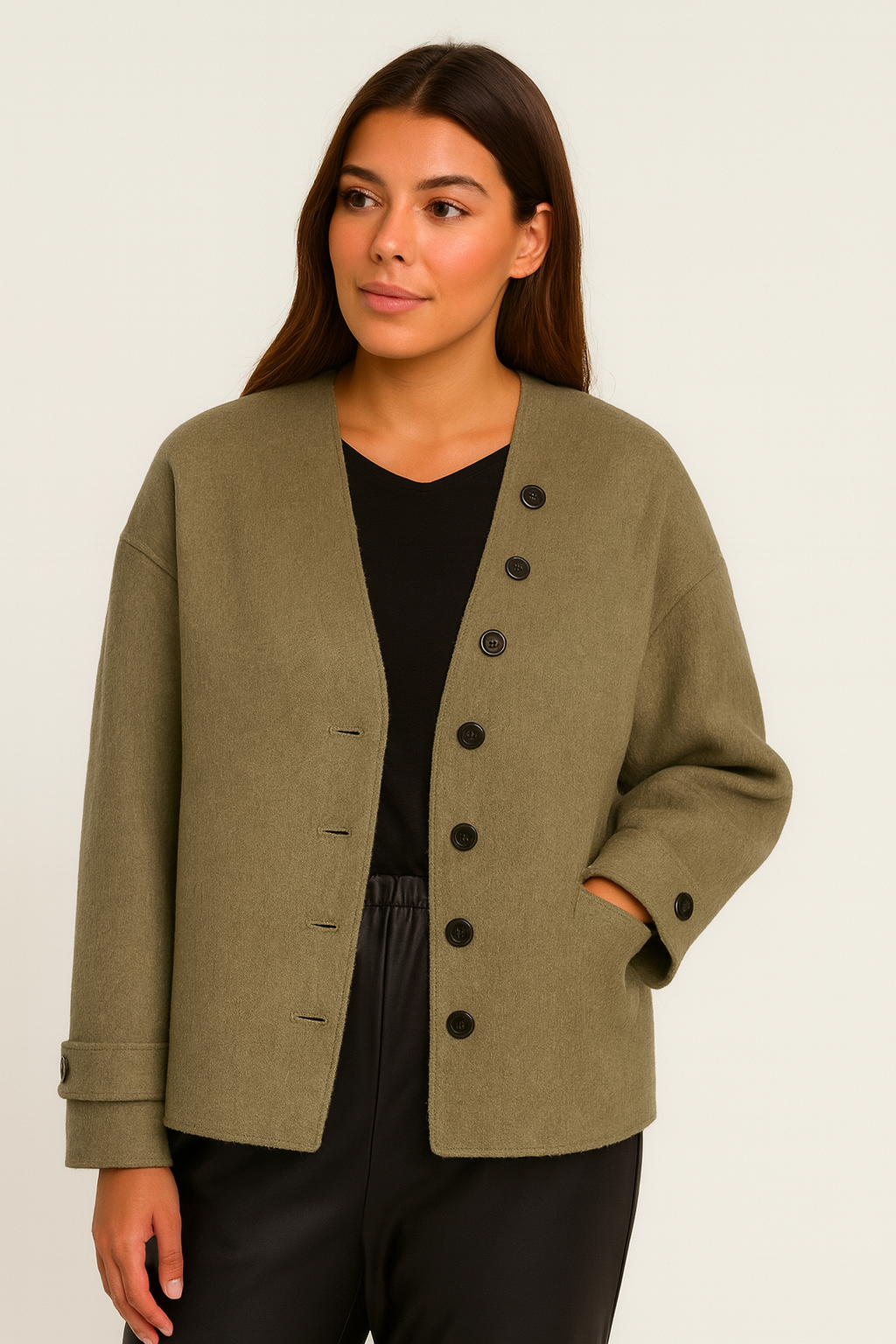 Chantrel - Natural Wool Jacket with Scarf Collar and Sculpted V-Neck