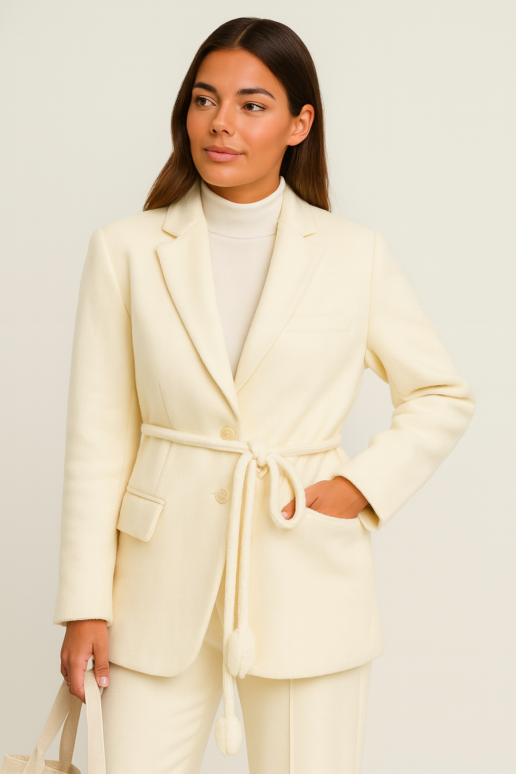 Solenne - Double-Sided Natural Wool Tailored Coat with Tulip Bud Belt