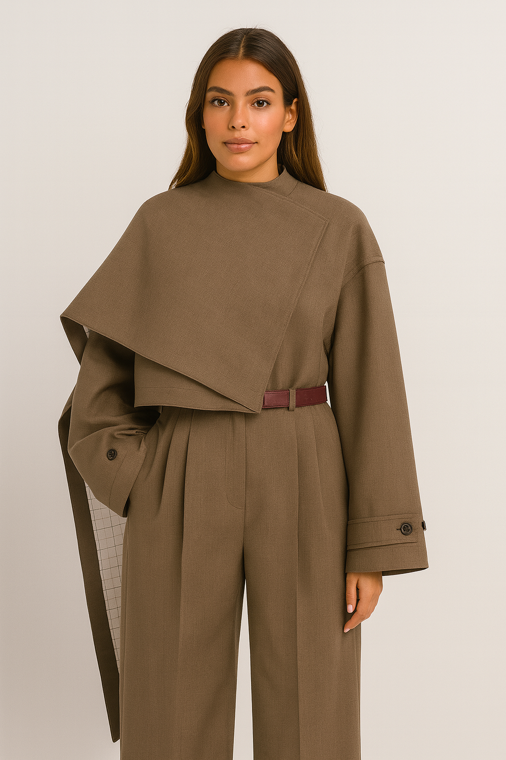 Odryss - Asymmetric Short Coat with Stylish Scarf Overlay