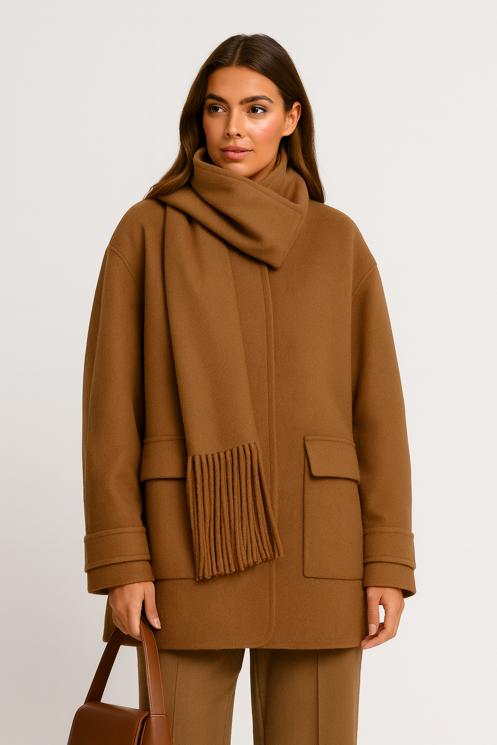 Kalyra - Natural Wool Coat with Oversized Scarf