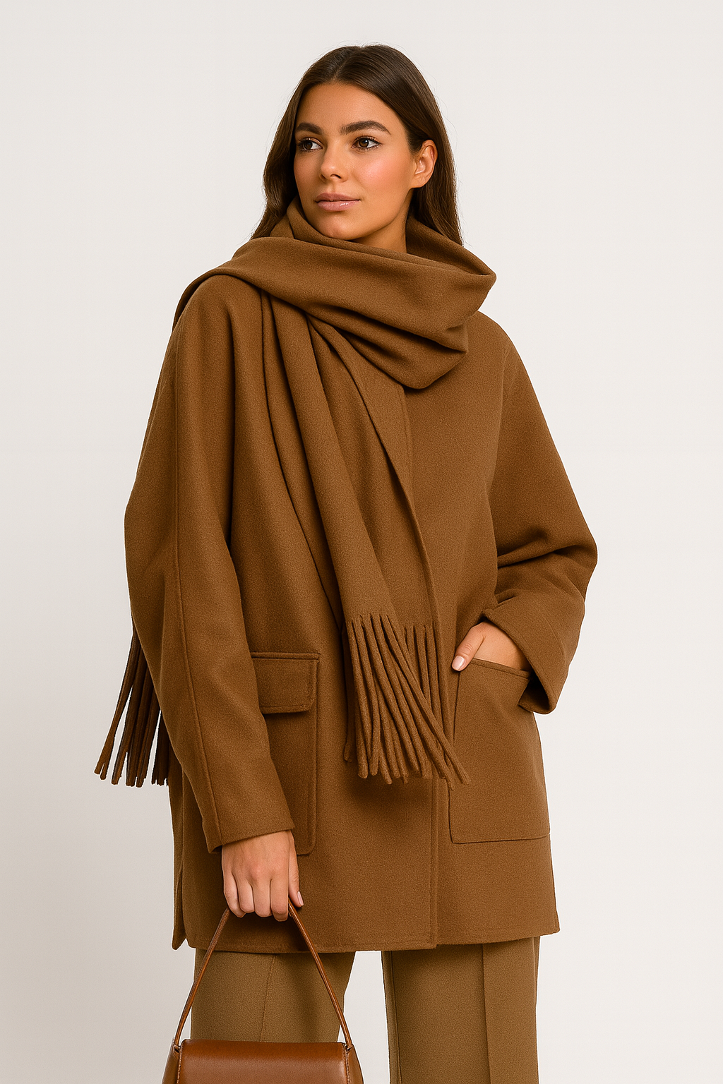 Kalyra - Natural Wool Coat with Oversized Scarf