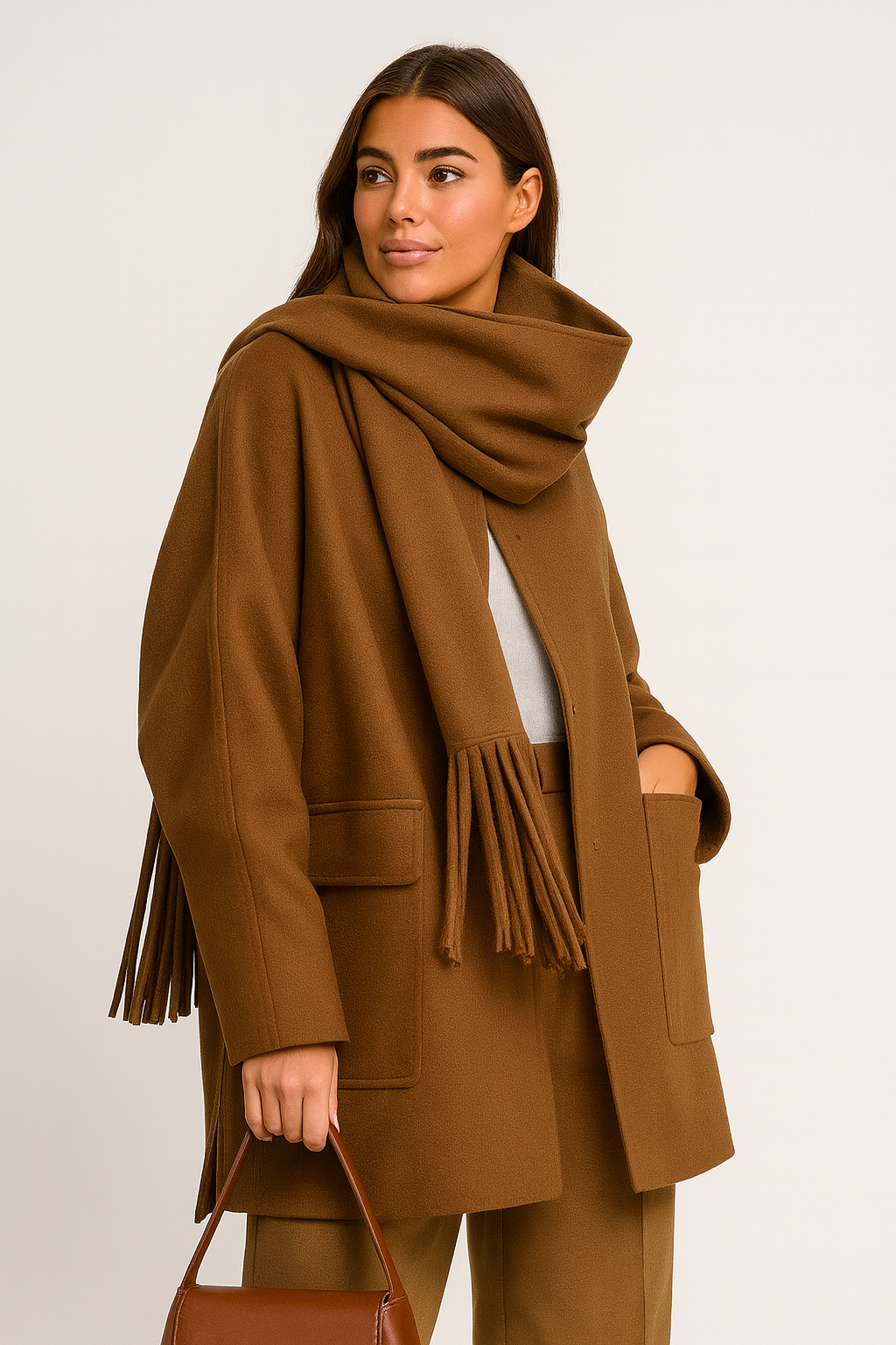 Kalyra - Natural Wool Coat with Oversized Scarf