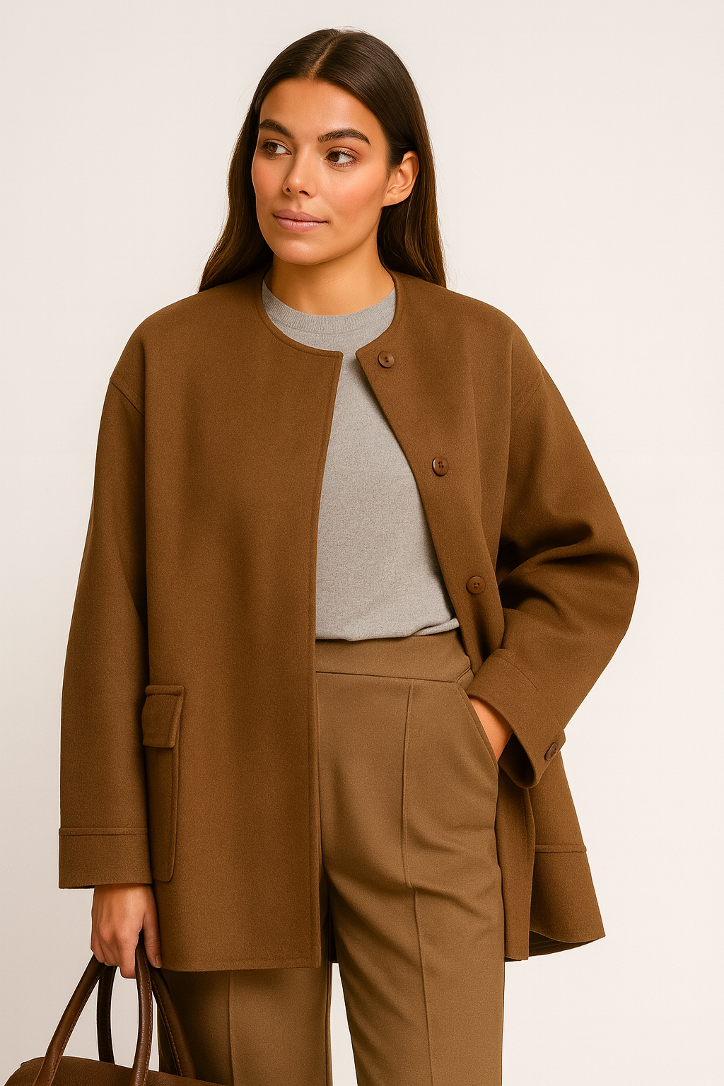 Kalyra - Natural Wool Coat with Oversized Scarf