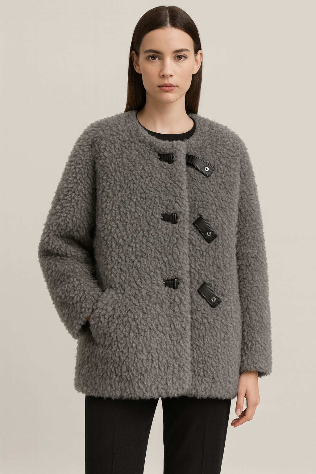 Ophira - Long Fur Coat with Leather Button Straps