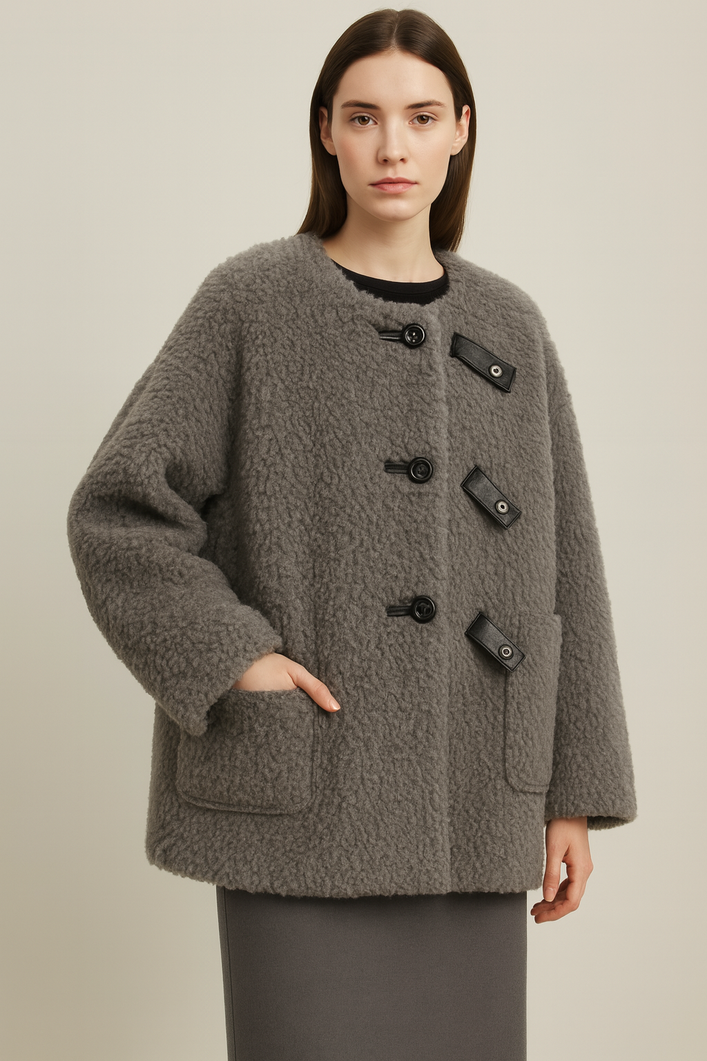 Ophira - Long Fur Coat with Leather Button Straps