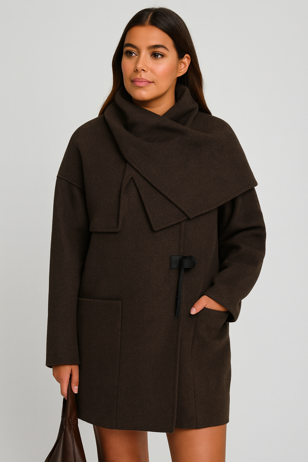 Elindra - Long Sleeve Wool Coat with Funnel Collar