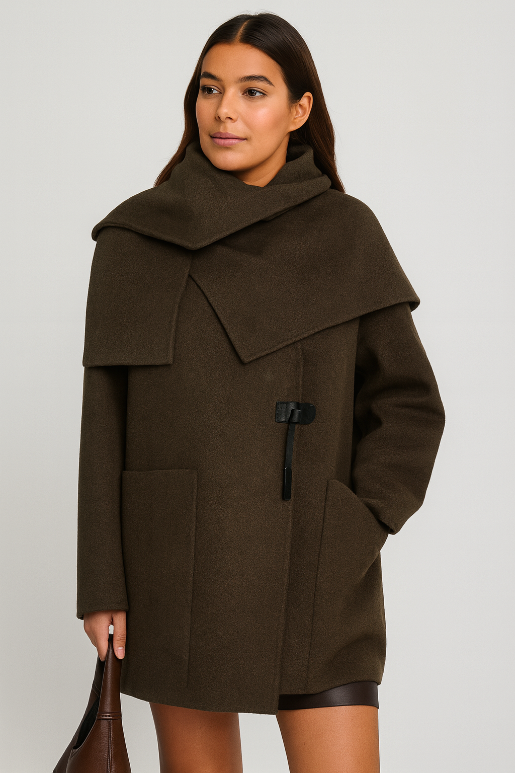 Elindra - Long Sleeve Wool Coat with Funnel Collar