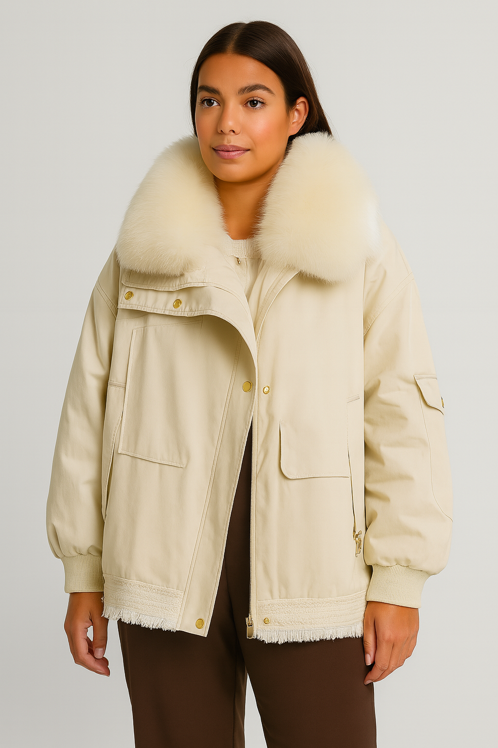 Solace - Long Sleeved Loose Jacket with Fur Collar