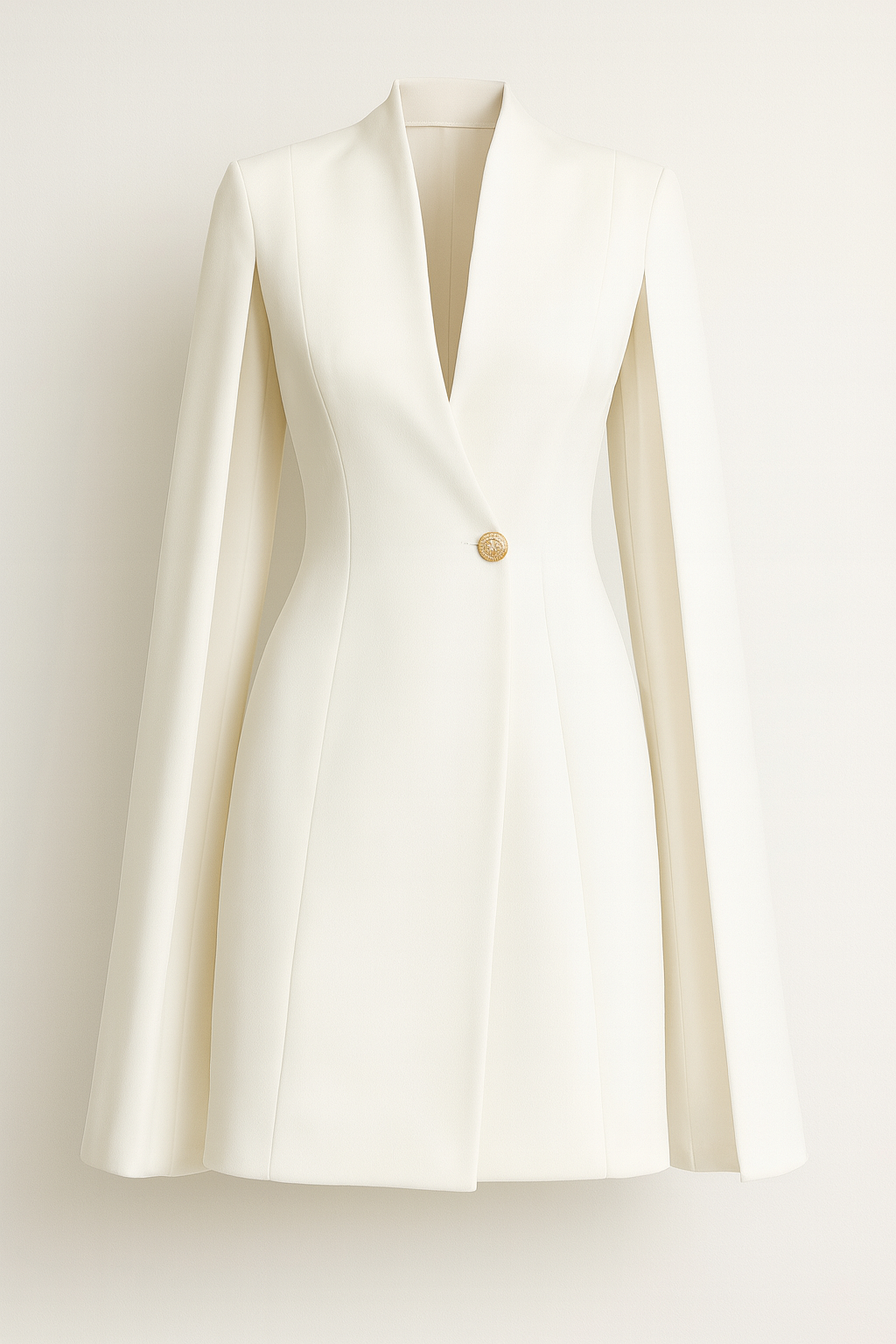 Larienne - Cape Dress with Deep V-Neckline and Statement Button White