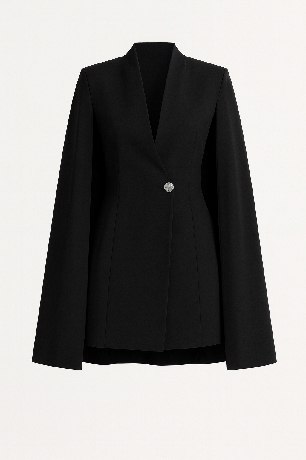 Larienne - Cape Dress with Deep V-Neckline and Statement Button Black