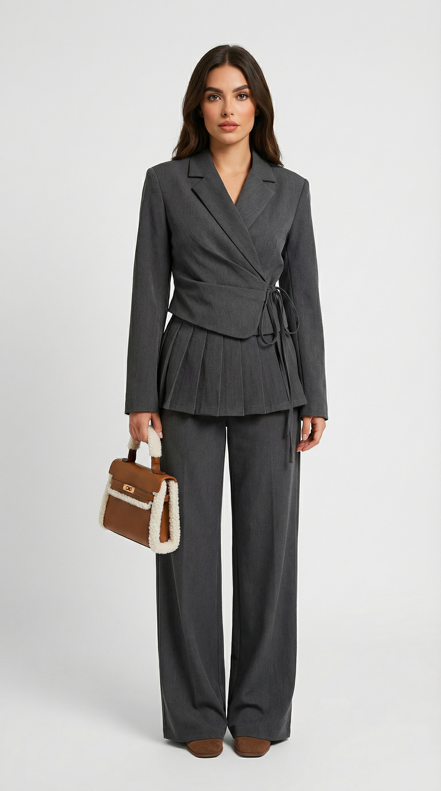 Elindra - Wool Blend Asymmetric Suit Set Grey