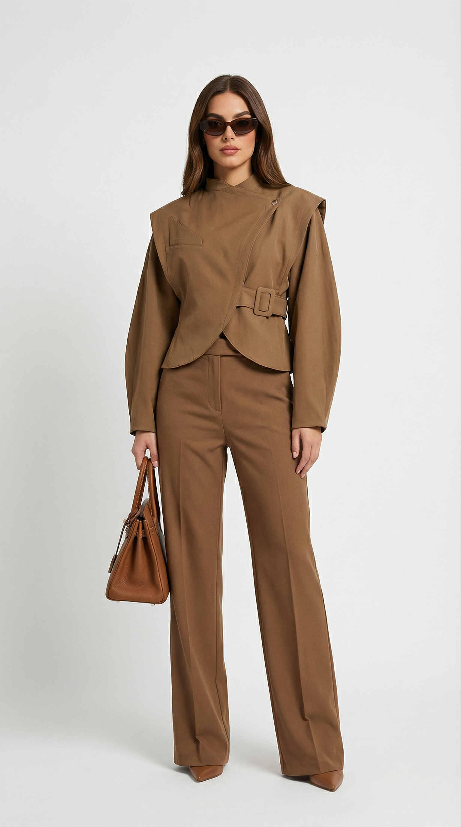 Maravel - Sculpted Wrap Jacket with Stand Collar and Asymmetric Wrap Brown