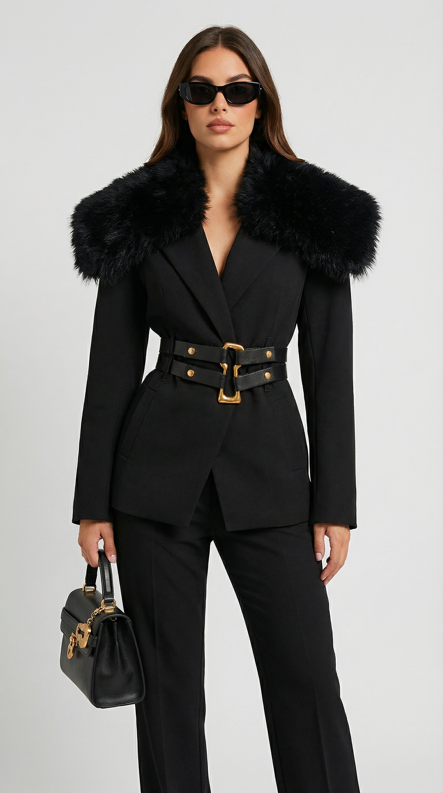 Eldorin - Fur-Collar Tailored Coat with Double-Strap Belt with Gold Hardware